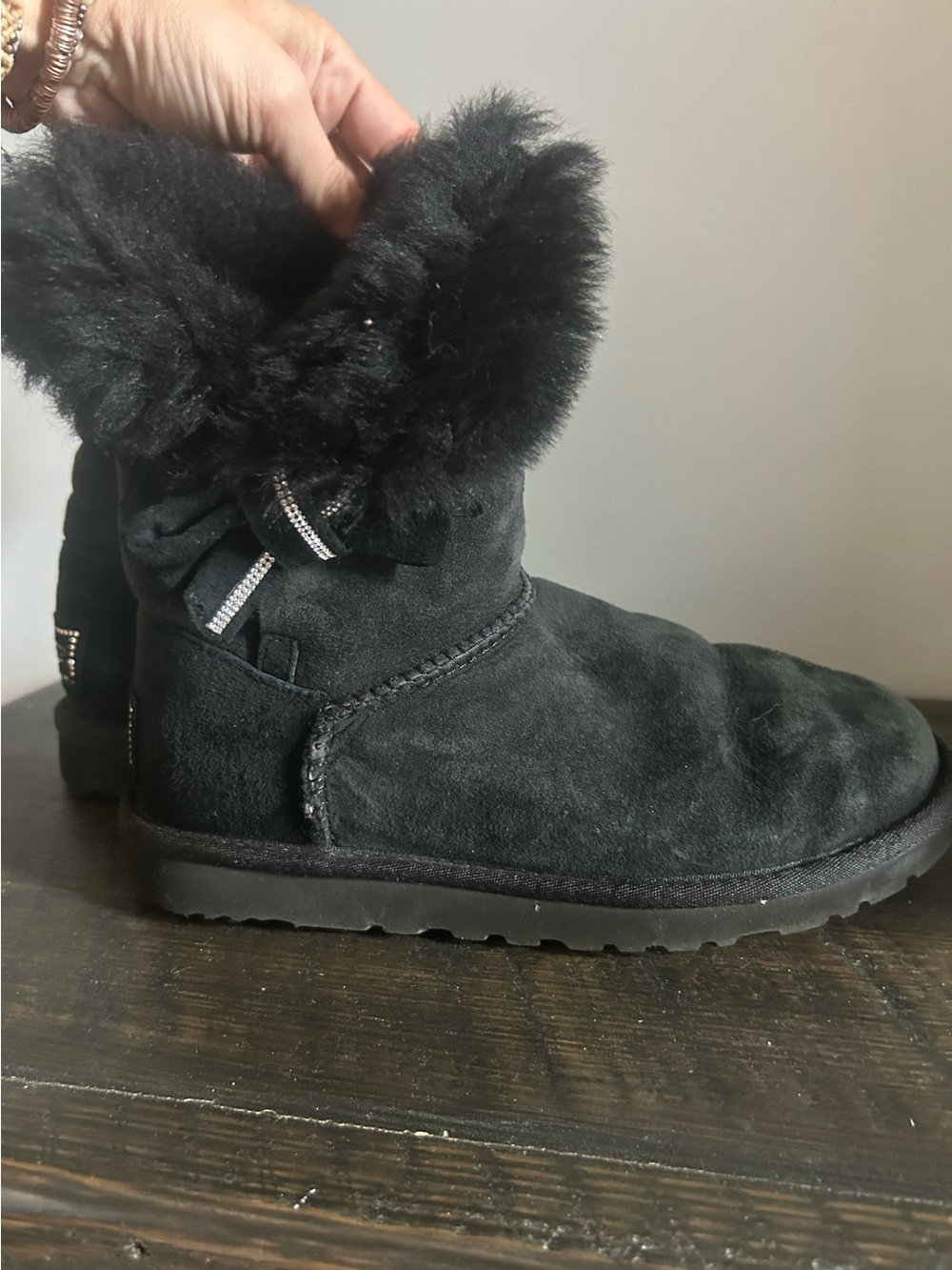 UGG Black Suede Shearling Bow Winter Boots